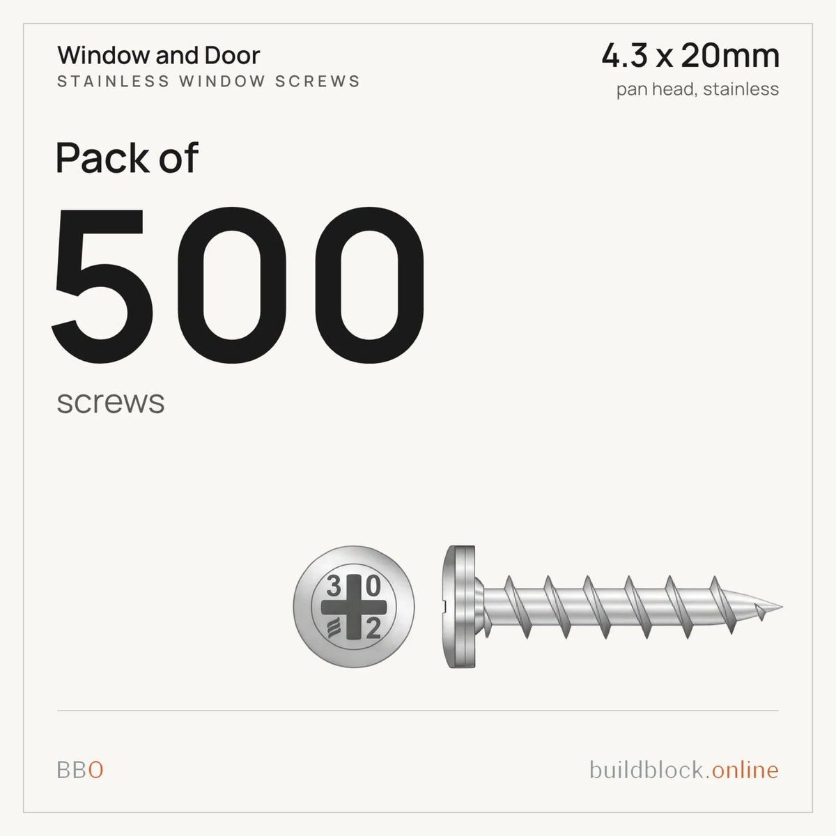 Pack of 500 stainless pan head window screw 4.3 x 20mm