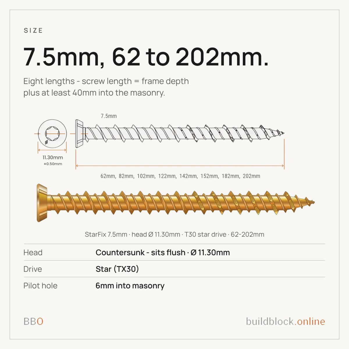 StarFix masonry frame screw 7.5mm - size card