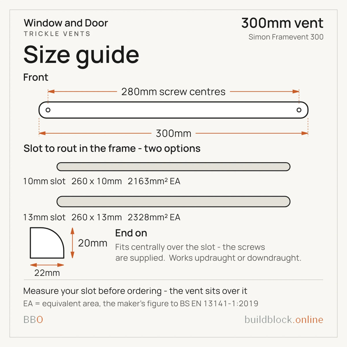 Simon Framevent 300 trickle vent size guide: 300mm long, 280mm screw centres, the slot to rout and the 22 x 20mm end profile