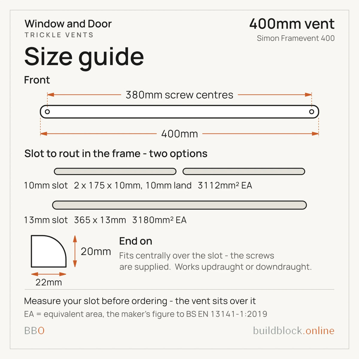 Simon Framevent 400 trickle vent size guide: 400mm long, 380mm screw centres, the slot to rout and the 22 x 20mm end profile