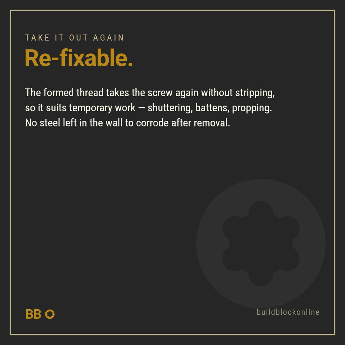 StarFix is re-fixable, the formed thread accepts the screw again