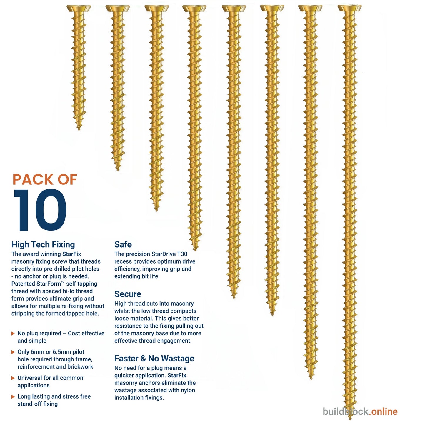 Pack of 10 Rapierstar StarFix 7.5mm masonry frame screws