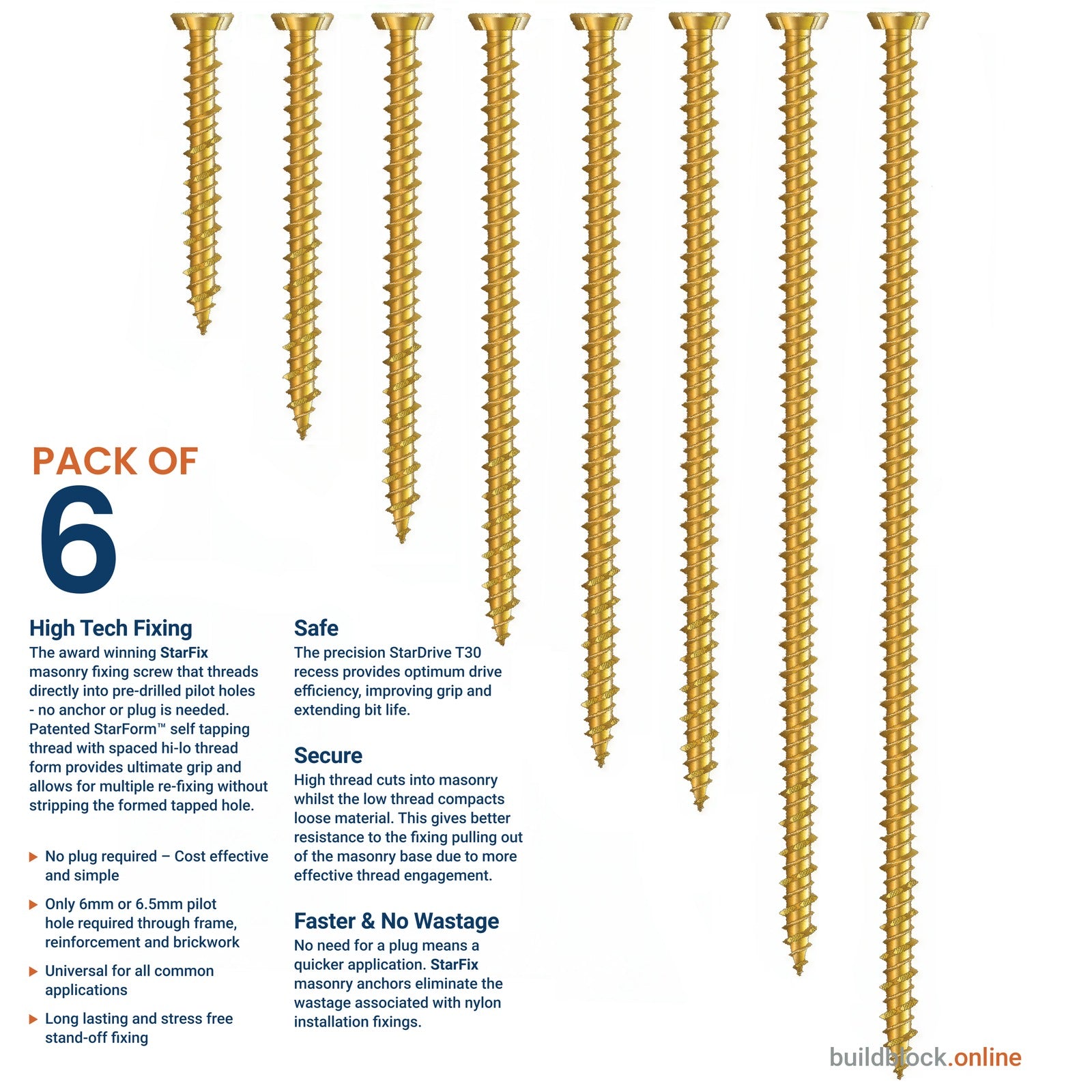 Pack of 6 Rapierstar StarFix 7.5mm masonry frame screws