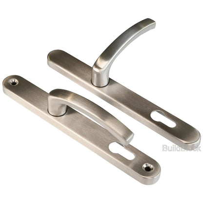 Brushed stainless steel sprung door handle set for uPVC doors, corrosion resistant
