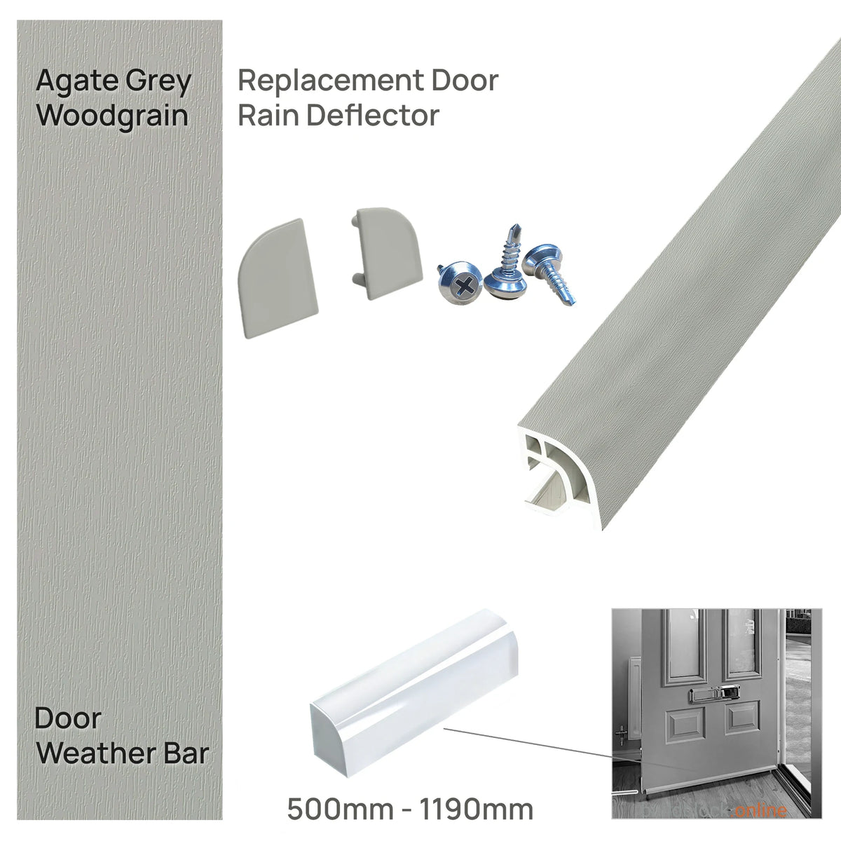 Deceuninck uPVC door weather bar in Agate Grey woodgrain with matching end caps and screws, 500mm to 1190mm