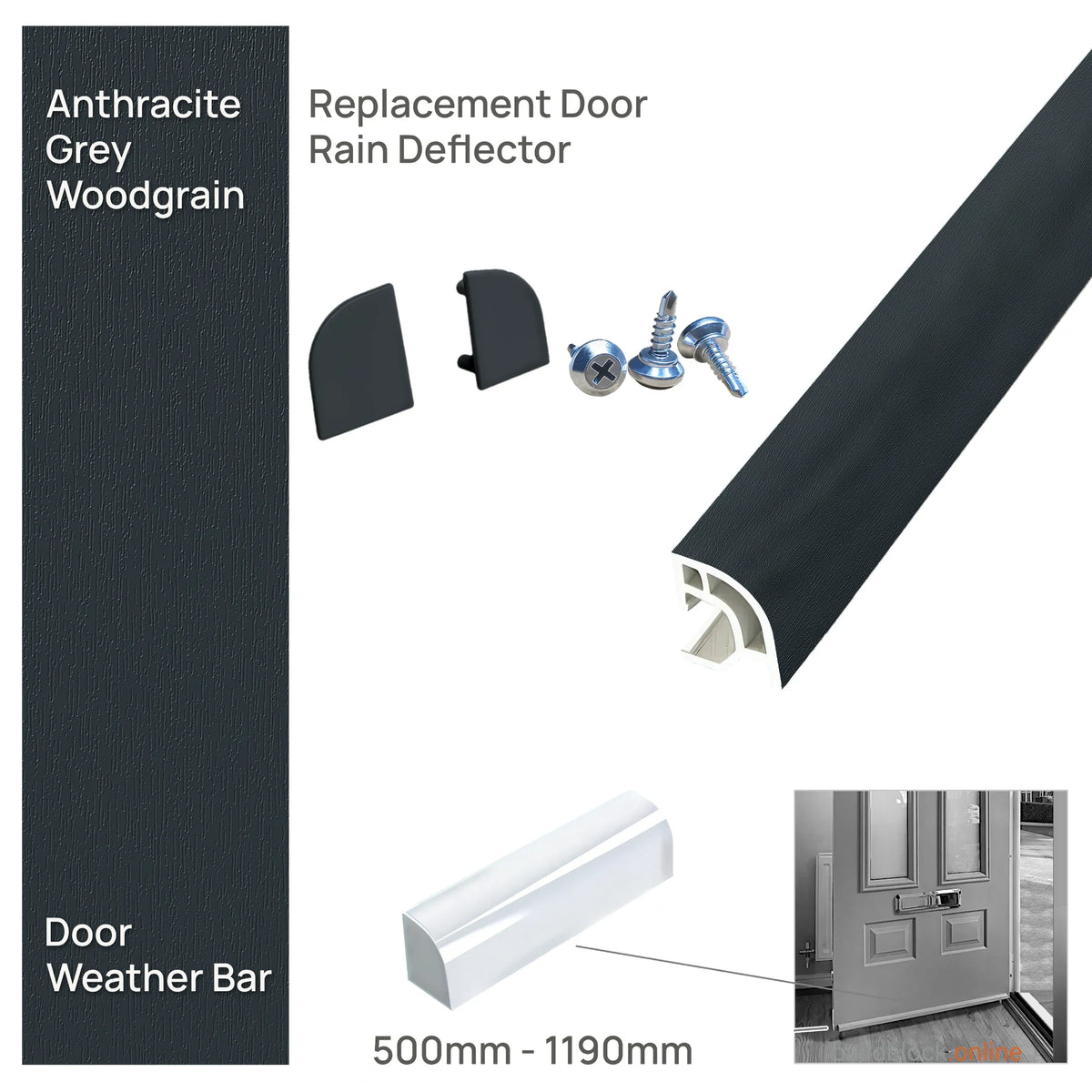 Deceuninck uPVC door weather bar in Anthracite Grey woodgrain with matching end caps and screws, 500mm to 1190mm