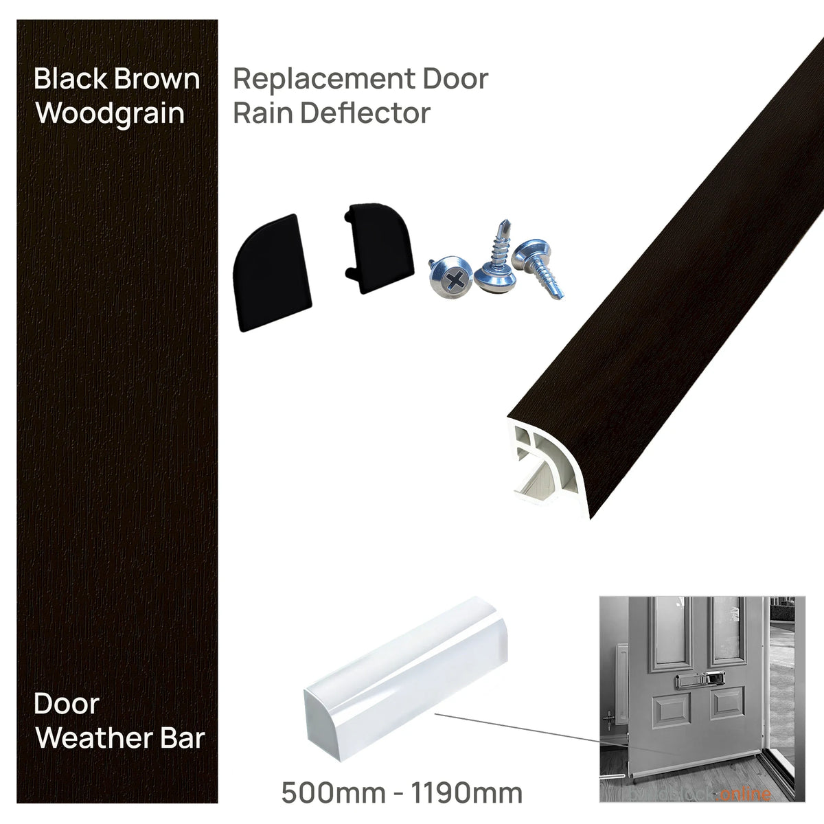 Deceuninck uPVC door weather bar in Black Brown woodgrain with matching end caps and screws, 500mm to 1190mm