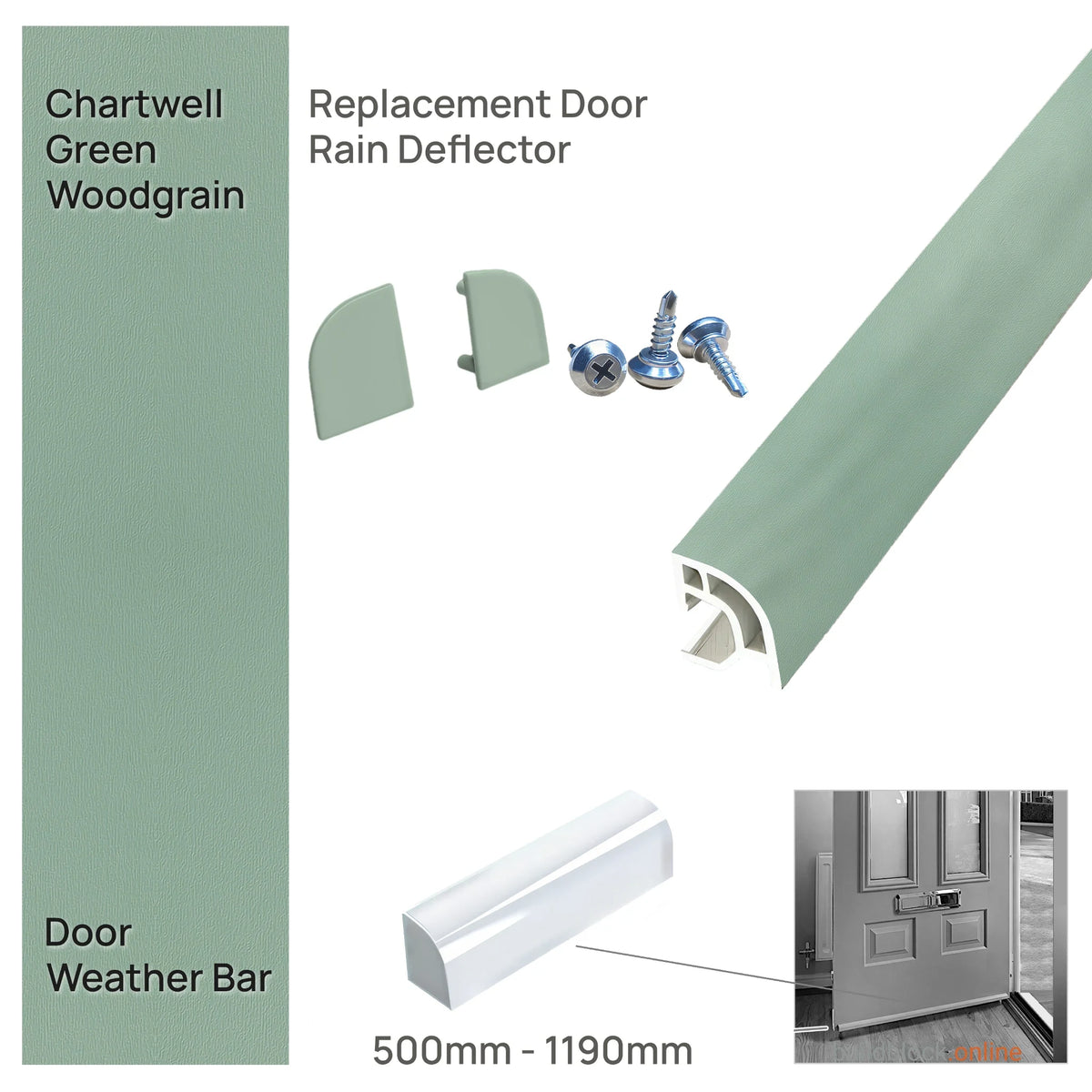 Deceuninck uPVC door weather bar in Chartwell Green woodgrain with matching end caps and screws, 500mm to 1190mm