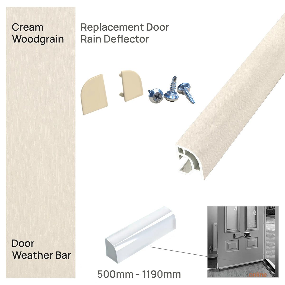 Deceuninck uPVC door weather bar in Cream woodgrain with matching end caps and screws, 500mm to 1190mm