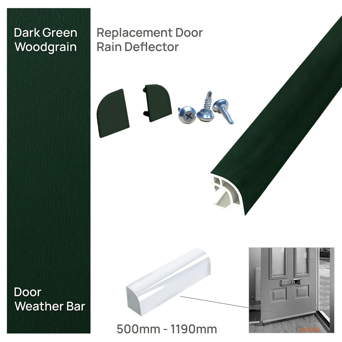Deceuninck uPVC door weather bar in Dark Green woodgrain with matching end caps and screws, 500mm to 1190mm