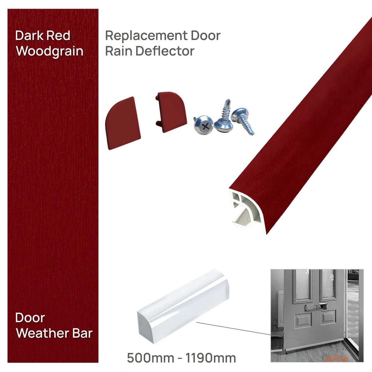 Deceuninck uPVC door weather bar in Dark Red woodgrain with matching end caps and screws, 500mm to 1190mm