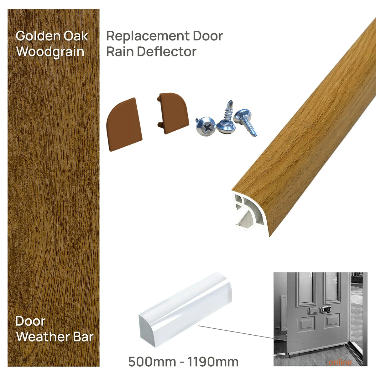 Deceuninck uPVC door weather bar in Golden Oak woodgrain with matching end caps and screws, 500mm to 1190mm