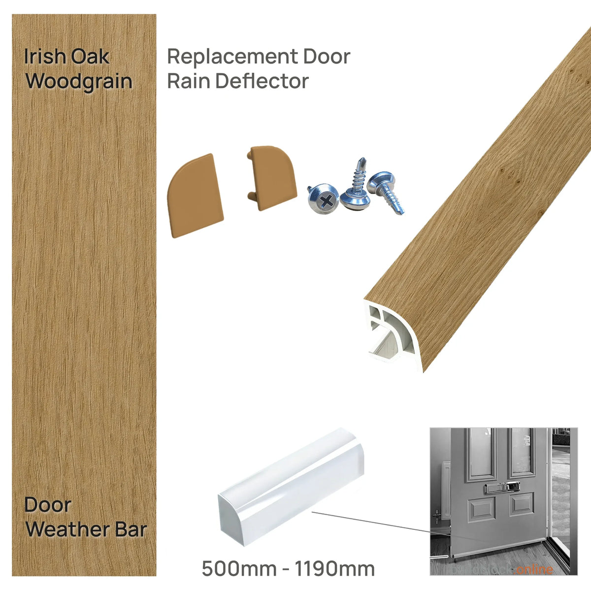 Deceuninck uPVC door weather bar in Irish Oak woodgrain with matching end caps and screws, 500mm to 1190mm