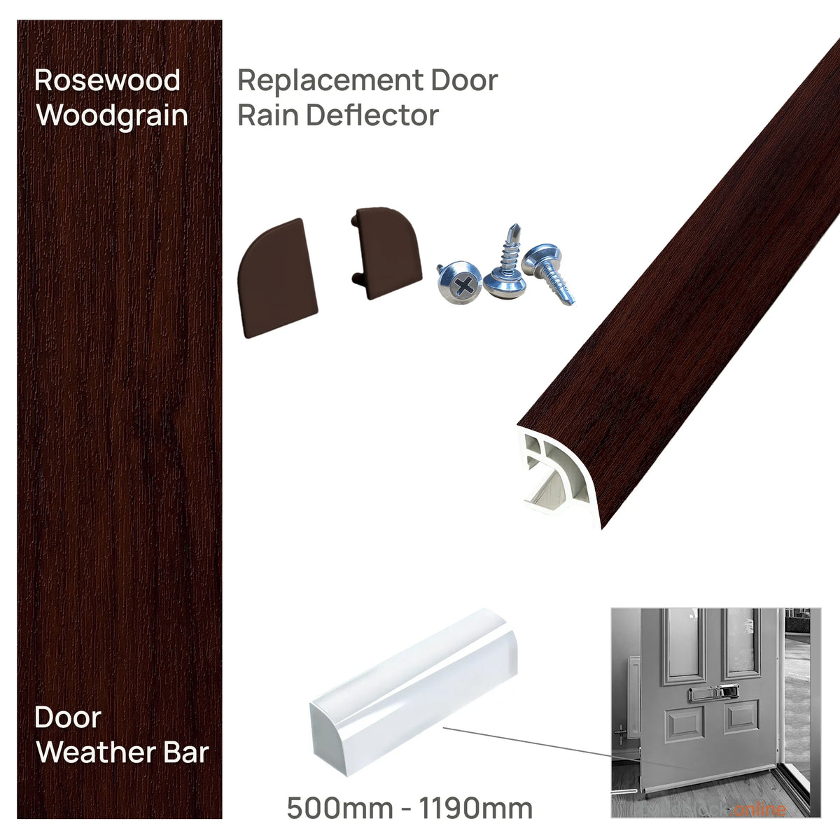 Deceuninck uPVC door weather bar in Rosewood woodgrain with matching end caps and screws, 500mm to 1190mm