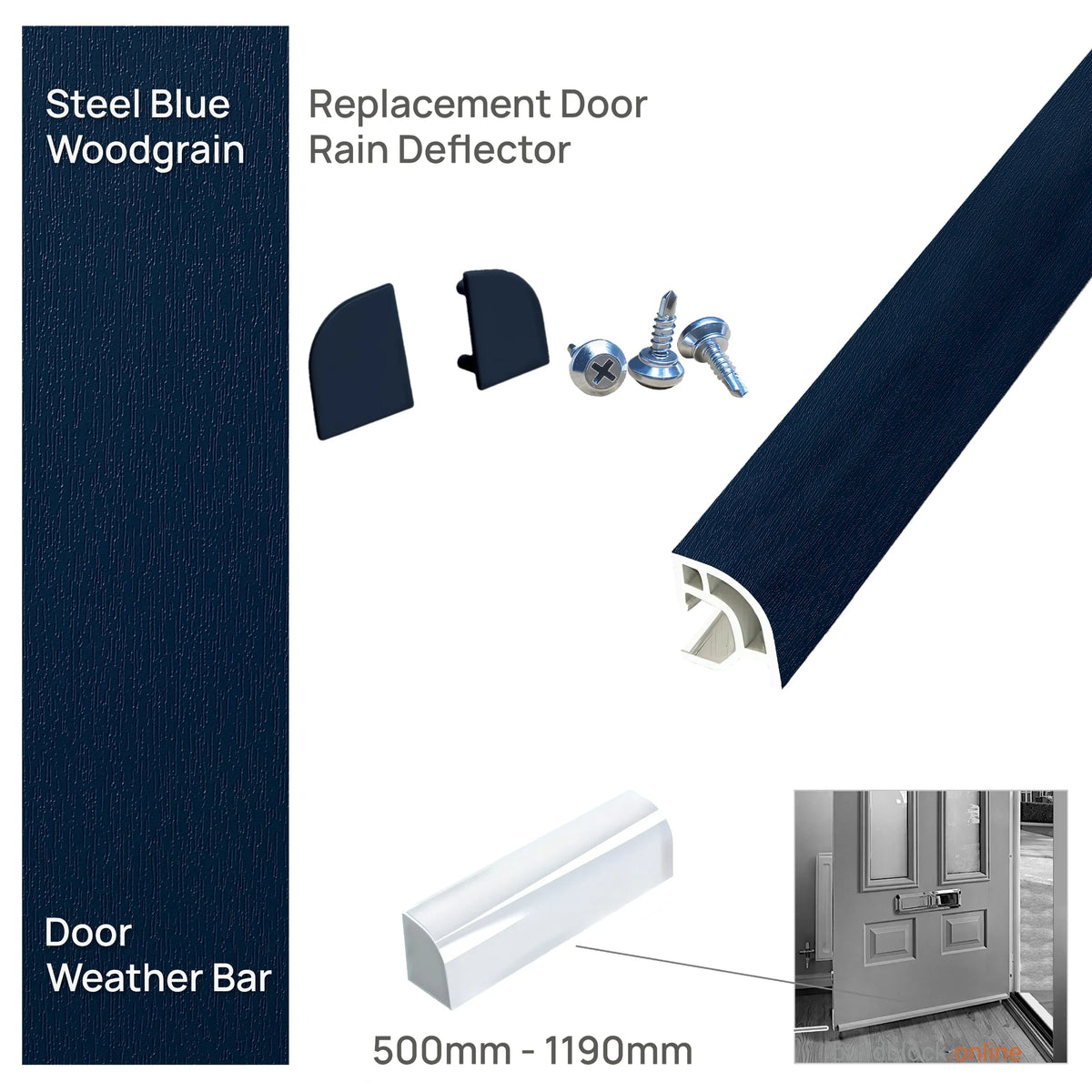 Deceuninck uPVC door weather bar in Steel Blue woodgrain with matching end caps and screws, 500mm to 1190mm