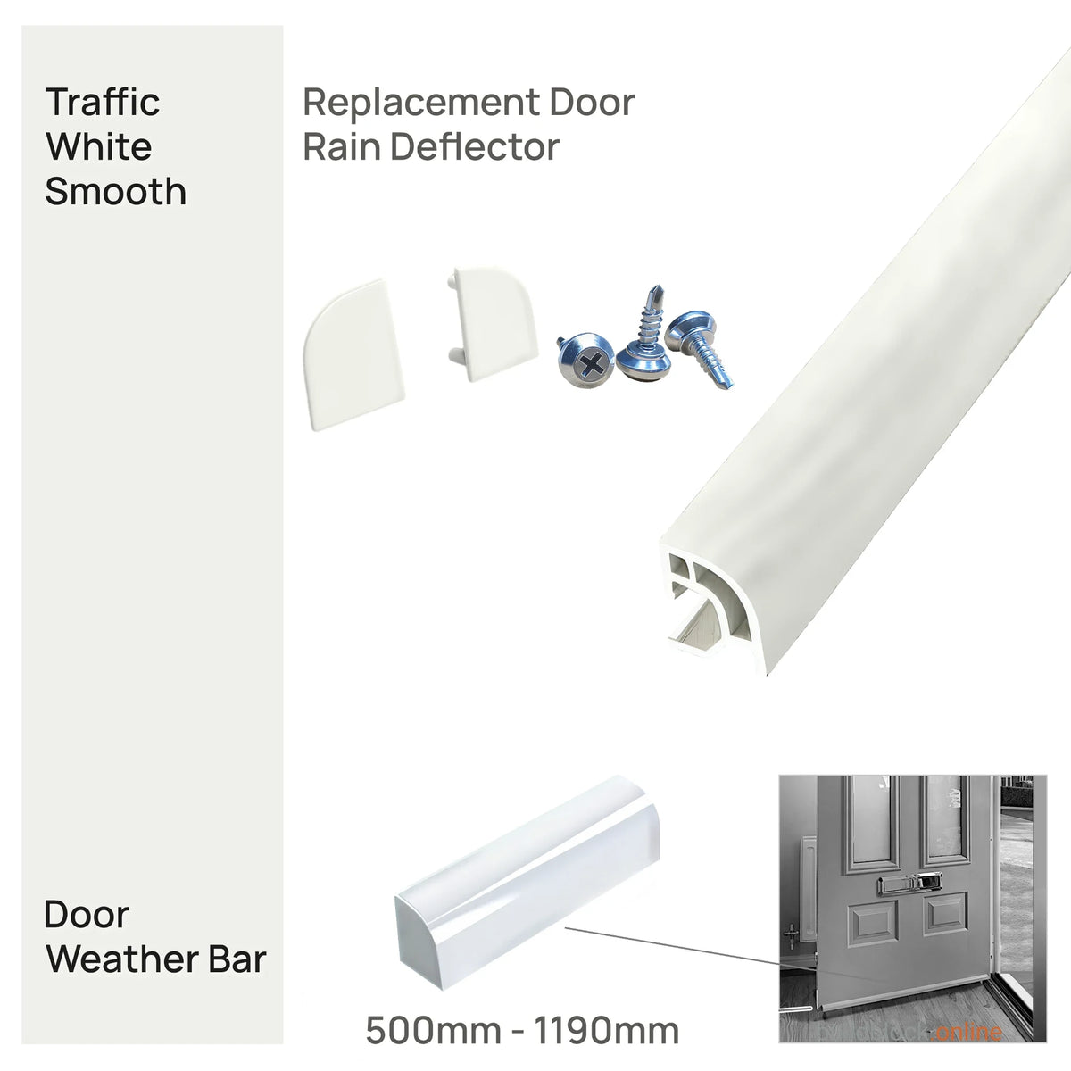 Deceuninck uPVC door weather bar in Traffic White with matching end caps and screws, 500mm to 1190mm
