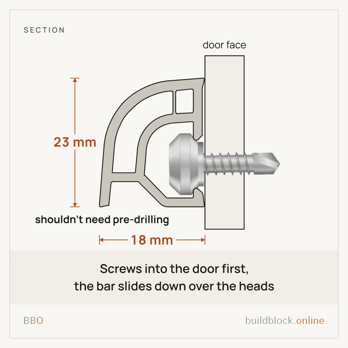 Weather bar section, 23mm high by 18mm deep: screws go into the door first, the bar slides over the heads