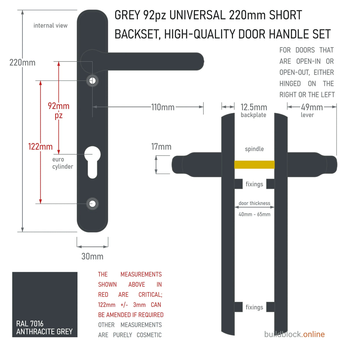 Dimension drawing of the anthracite grey RAL 7016 220mm Winlock 92pz sprung lever door handle set: 122mm fixing centres, 92mm PZ, 110mm lever, 30mm backplate, 49mm lever projection from the 12.5mm backplate; internal and side views on a white ground.