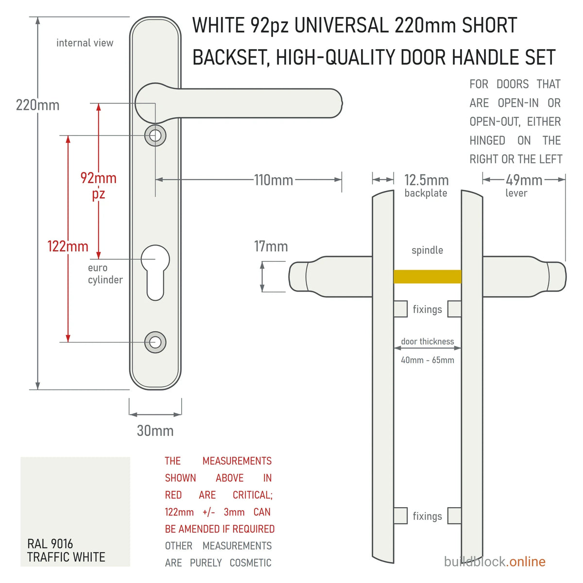 Dimension drawing of the white 220mm Winlock 92pz sprung lever door handle set: 122mm fixing centres, 92mm PZ, 110mm lever, 30mm backplate, 49mm lever projection from the 12.5mm backplate; internal and side views on a white ground.
