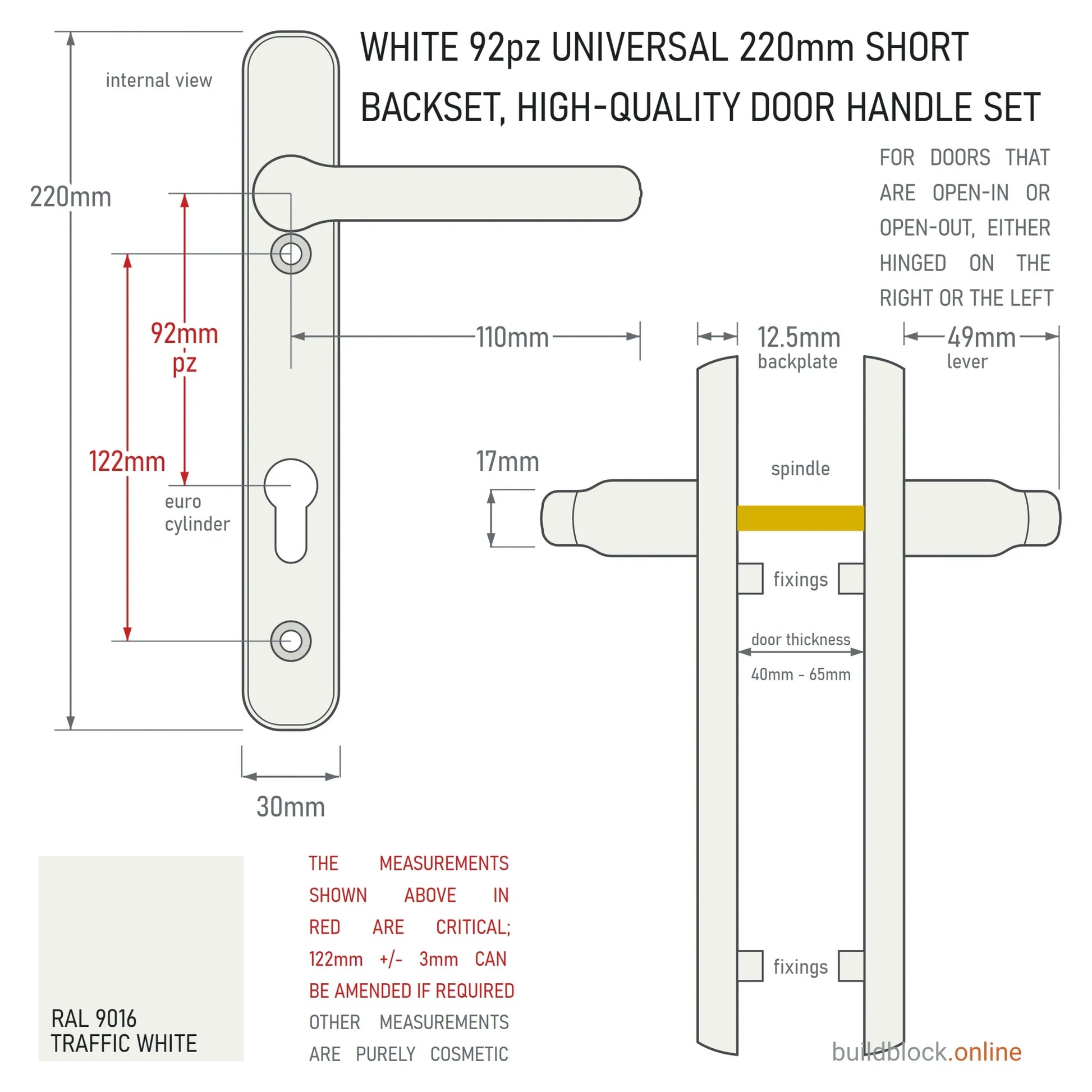 Dimension drawing of the white 220mm Winlock 92pz sprung lever door handle set: 122mm fixing centres, 92mm PZ, 110mm lever, 30mm backplate, 49mm lever projection from the 12.5mm backplate; internal and side views on a white ground.