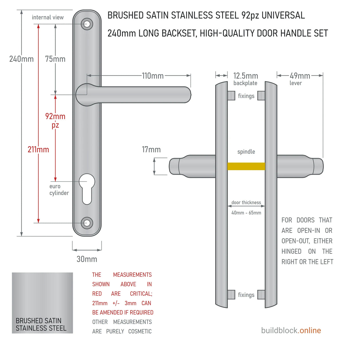 Dimension drawing of the brushed satin stainless steel 240mm Winlock 92pz sprung lever door handle set: 211mm fixing centres, 92mm PZ, 110mm lever, 30mm backplate, 49mm lever projection from the 12.5mm backplate; internal and side views on a white ground.