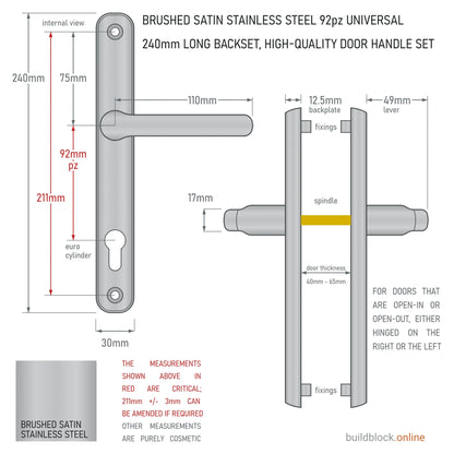 Dimension drawing of the brushed satin stainless steel 240mm Winlock 92pz sprung lever door handle set: 211mm fixing centres, 92mm PZ, 110mm lever, 30mm backplate, 49mm lever projection from the 12.5mm backplate; internal and side views on a white ground.