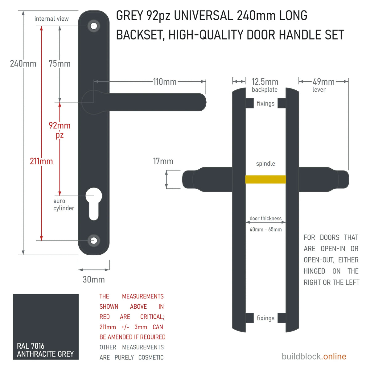Dimension drawing of the anthracite grey RAL 7016 240mm Winlock 92pz sprung lever door handle set: 211mm fixing centres, 92mm PZ, 110mm lever, 30mm backplate, 49mm lever projection from the 12.5mm backplate; internal and side views on a white ground.