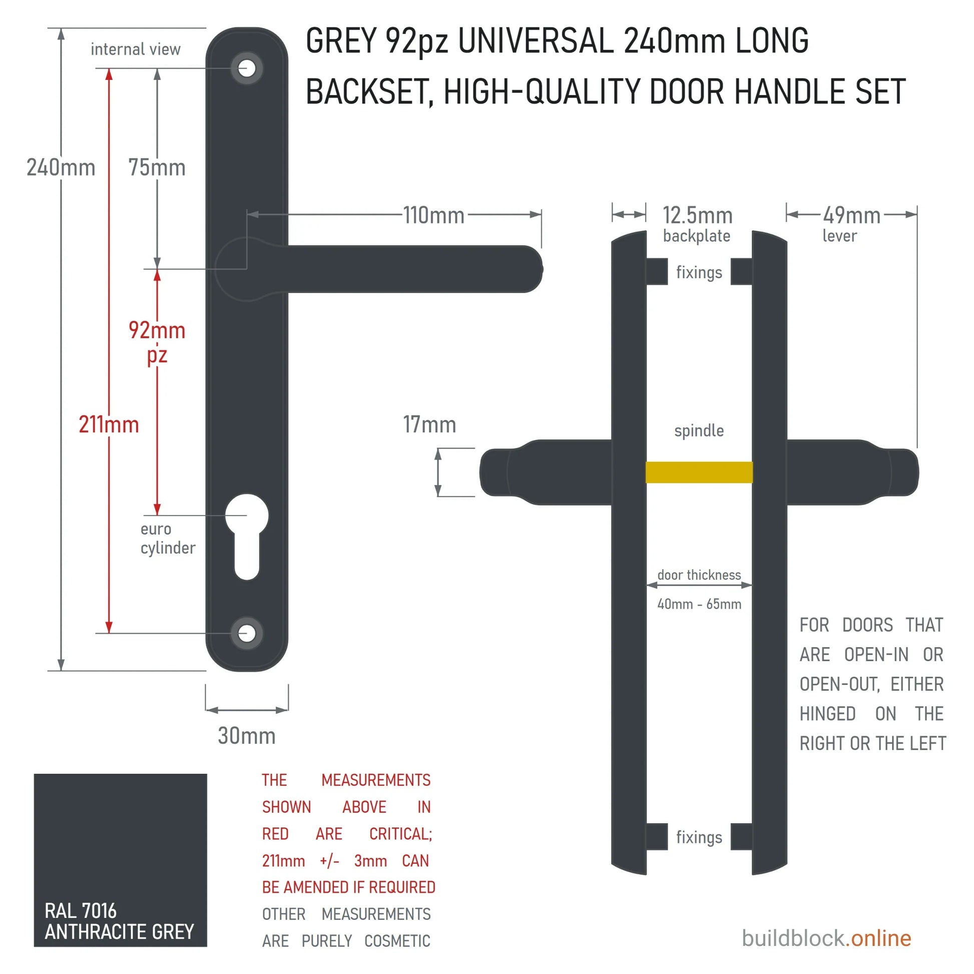 Dimension drawing of the anthracite grey RAL 7016 240mm Winlock 92pz sprung lever door handle set: 211mm fixing centres, 92mm PZ, 110mm lever, 30mm backplate, 49mm lever projection from the 12.5mm backplate; internal and side views on a white ground.