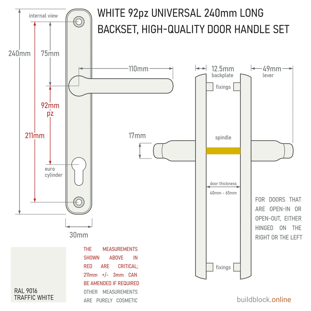 Dimension drawing of the white 240mm Winlock 92pz sprung lever door handle set: 211mm fixing centres, 92mm PZ, 110mm lever, 30mm backplate, 49mm lever projection from the 12.5mm backplate; internal and side views on a white ground.