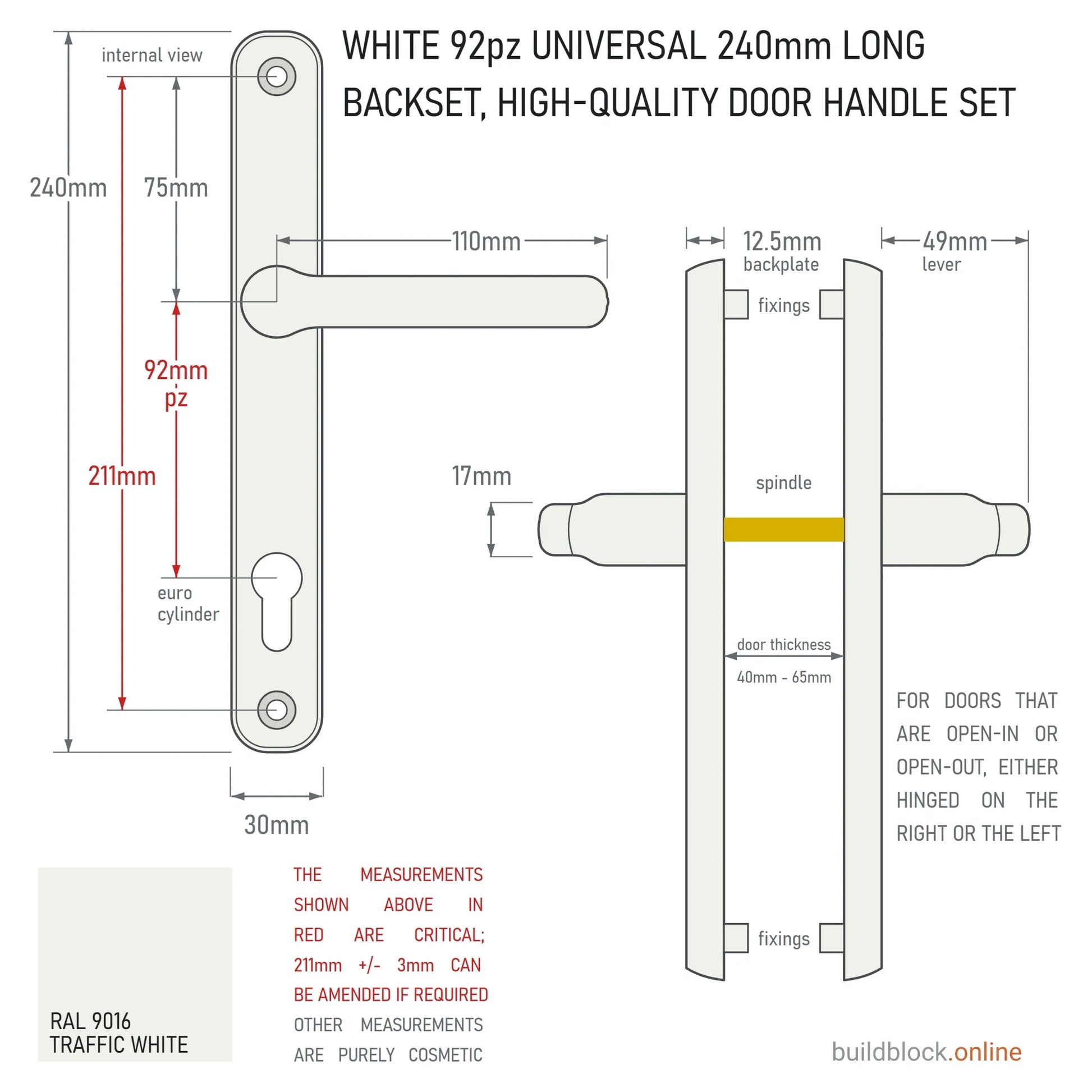 Dimension drawing of the white 240mm Winlock 92pz sprung lever door handle set: 211mm fixing centres, 92mm PZ, 110mm lever, 30mm backplate, 49mm lever projection from the 12.5mm backplate; internal and side views on a white ground.